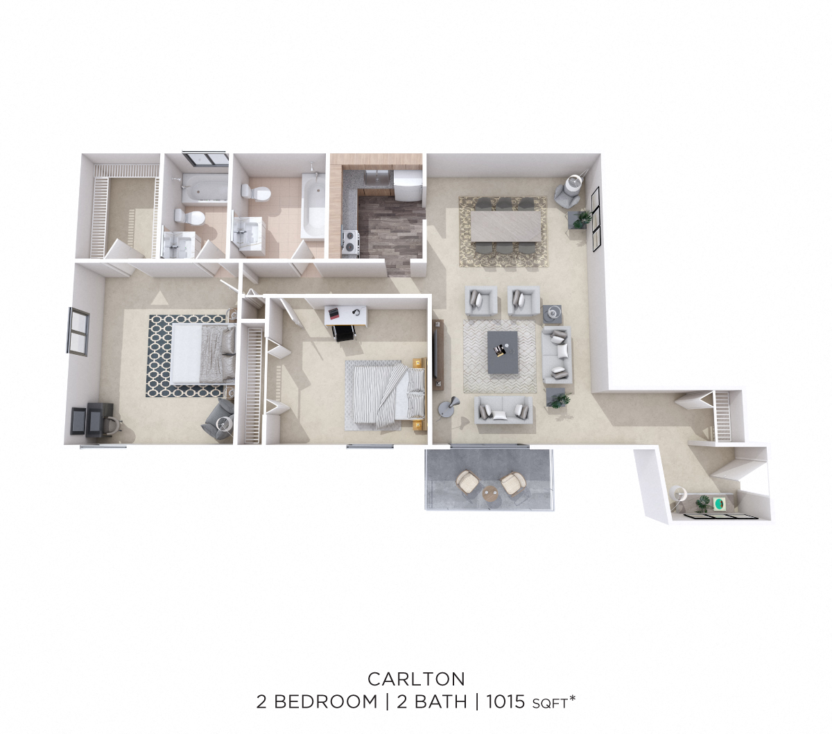 Floor plan for 2 beds, 2 baths, 1015 sqft